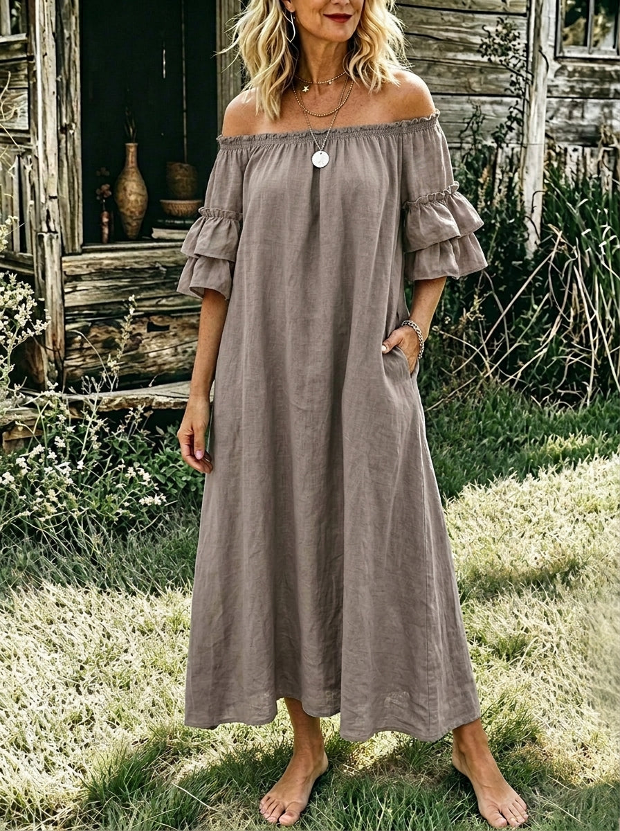 Women's Boho Off-shoulder Linen Blend Maxi Dress – Loose Fit Ruffle Sleeve Country Cottage Dress With Pockets