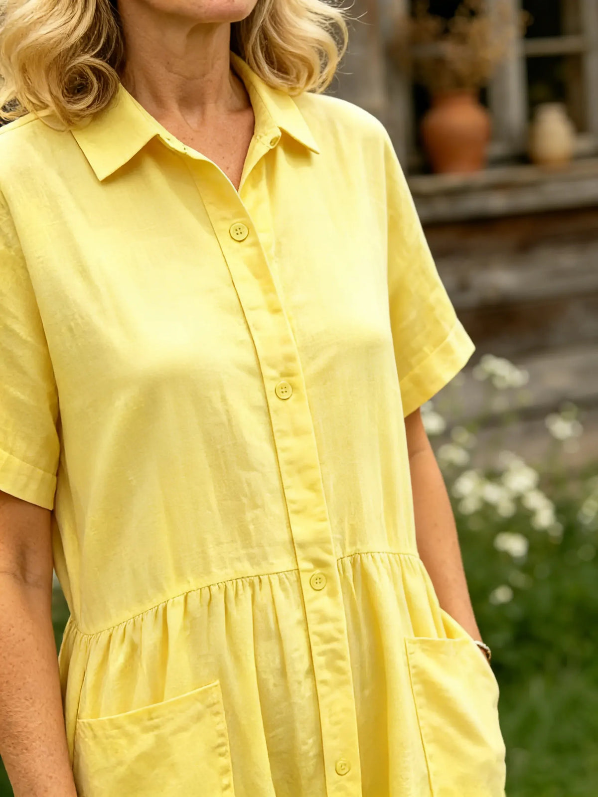 Women's Solid Collar Full Button Dual Pocket Short Sleeve Linen Midi Dress