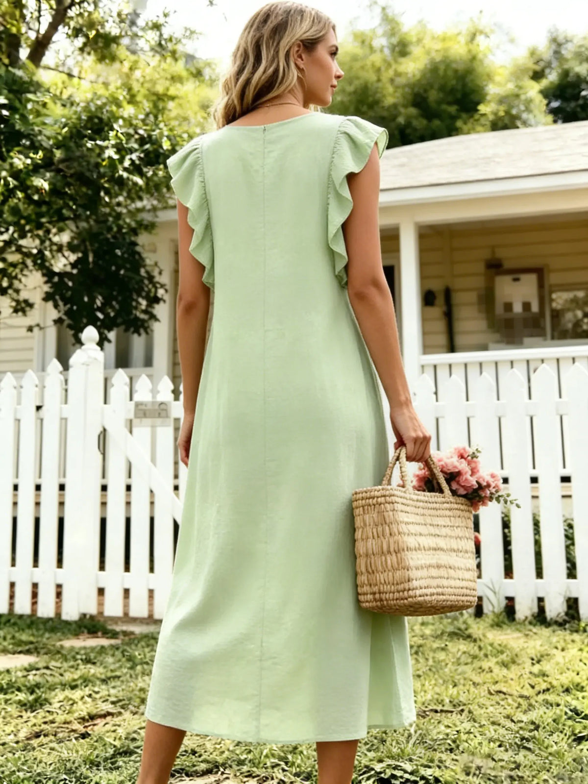 Women's Solid V-Neck Flutter Ruffle Sleeve Loose Linen Midi Dress