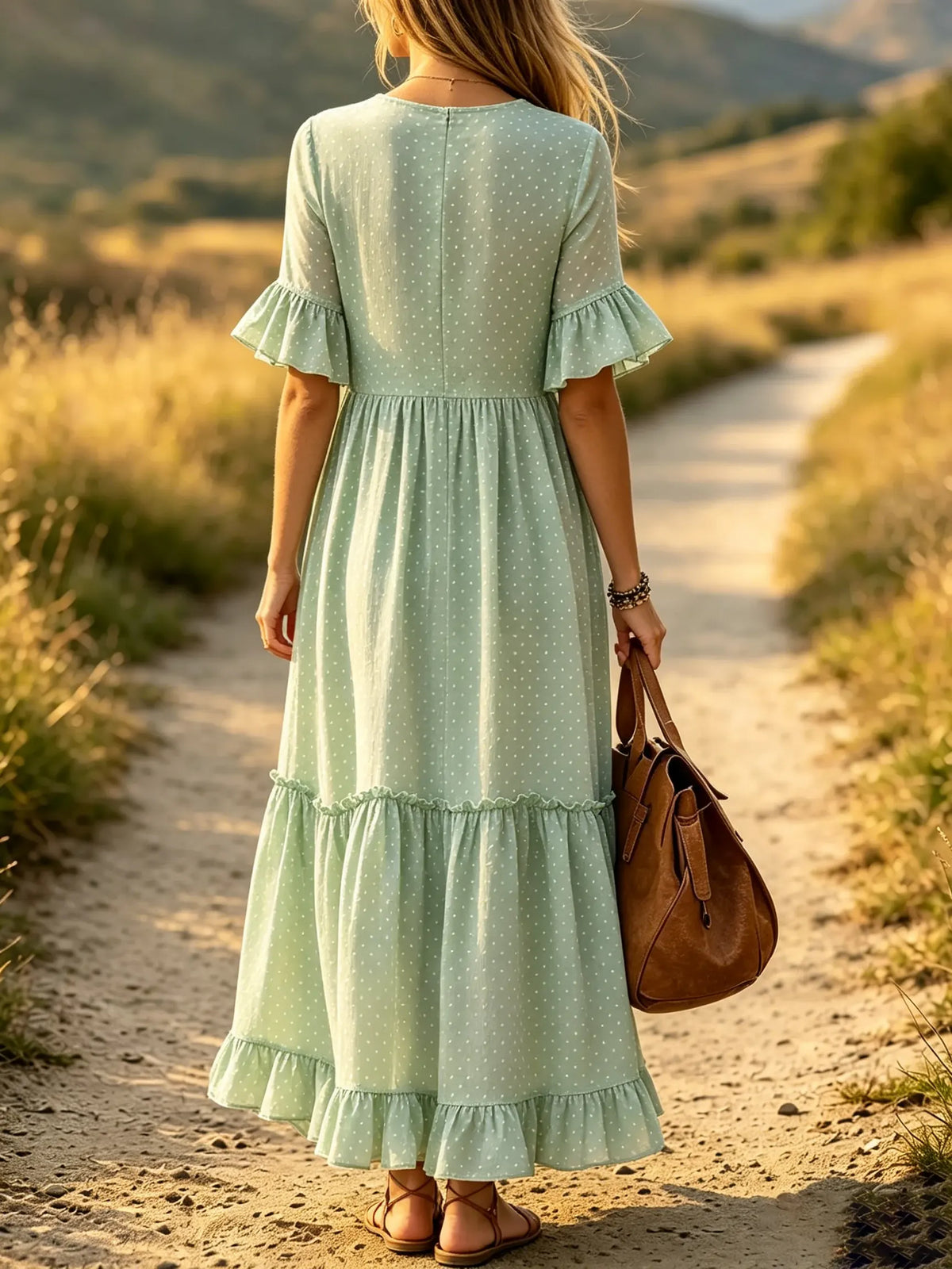 Women Small Polka Dot Print V Neck Ruffle 3/4 Sleeve Tiered Maxi Dress