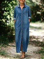Women's Oversized Roll Sleeve Denim Shirt Maxi Dress, Button Front Long Dress with Side Pockets
