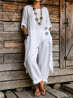 Womens Cotton Linen Irregular Fringe Tunic & Loose Pants 2 Piece Set