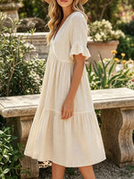 Women's Solid V-Neck Ruffle Short Sleeve Tiered Linen Midi Dress