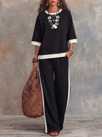 Vintage Art Comfortable Fabrics Patchwork Cotton Sweatshirt Set
