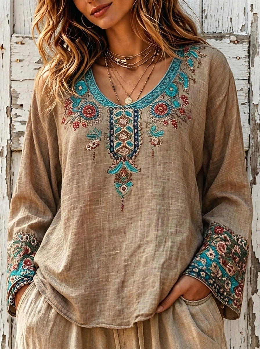 Women’sEthnic Floral Embroidery V Neck Long Sleeve Linen Blend Boho Blouse