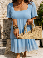 Women's Square Neck Short Sleeve Flowy Chiffon Midi Dress