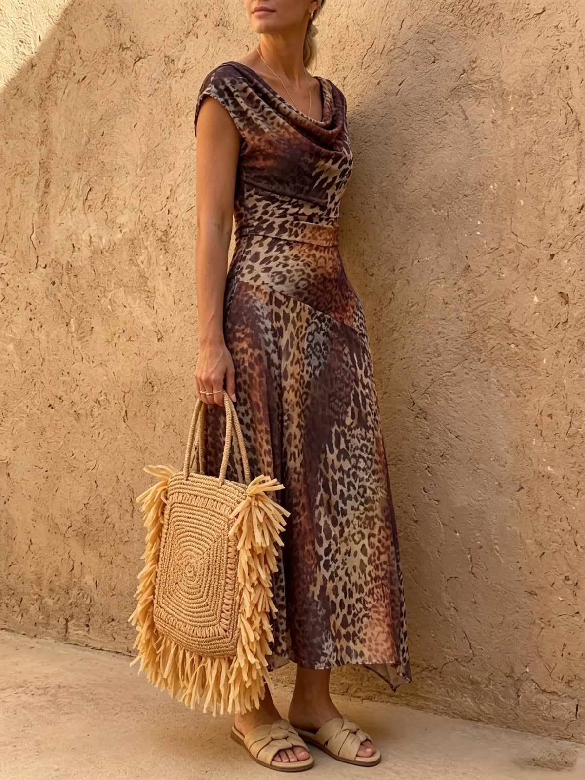 Women's Cowl Neck Leopard Midi Dress
