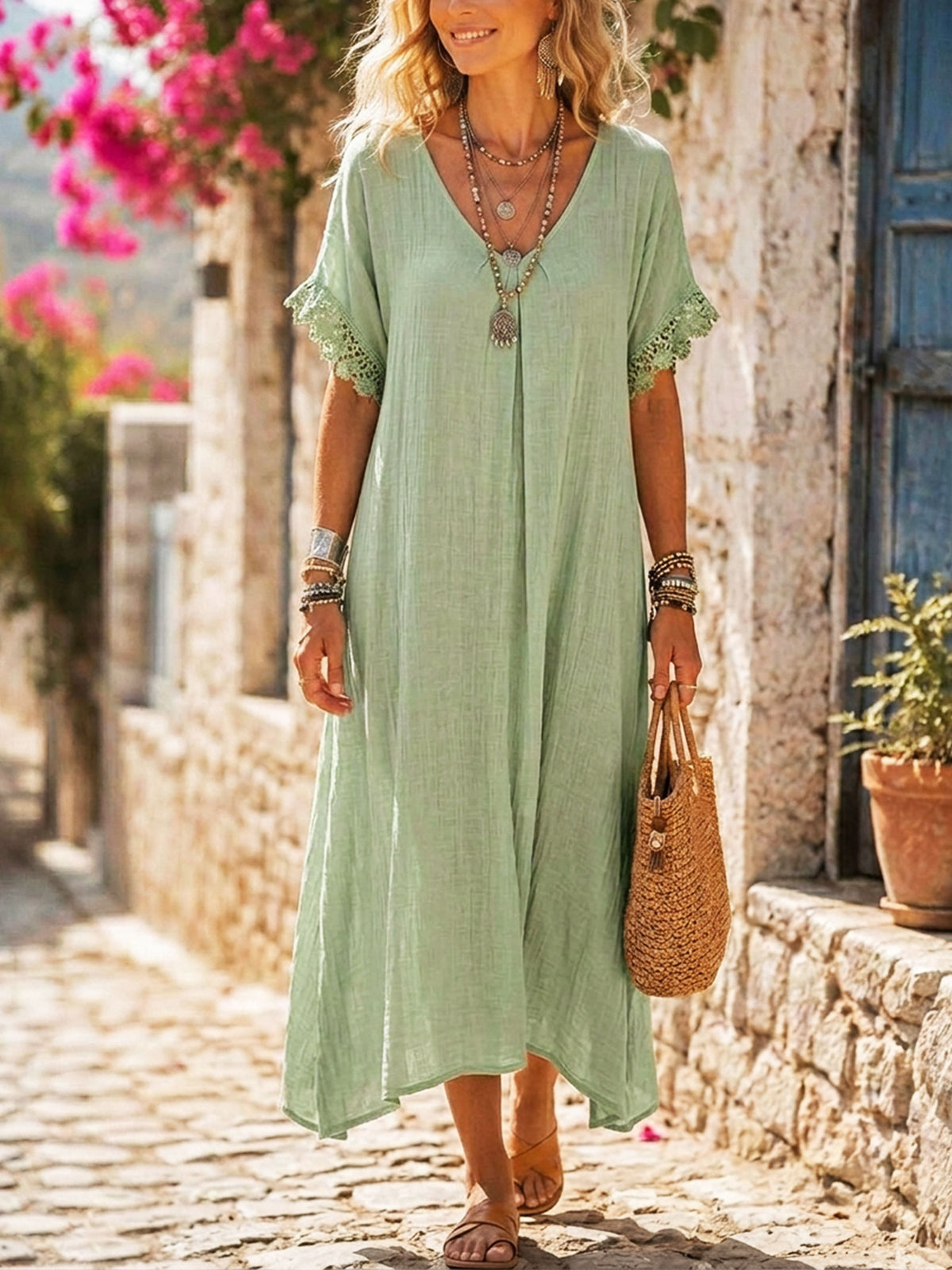 Women’s V Neck Lace Short Sleeve Cotton Linen Maxi Dress