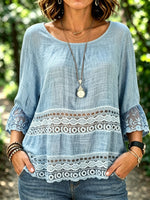 Women’s Round Neck Lace Panel Flare Sleeve Cotton Linen Blouse
