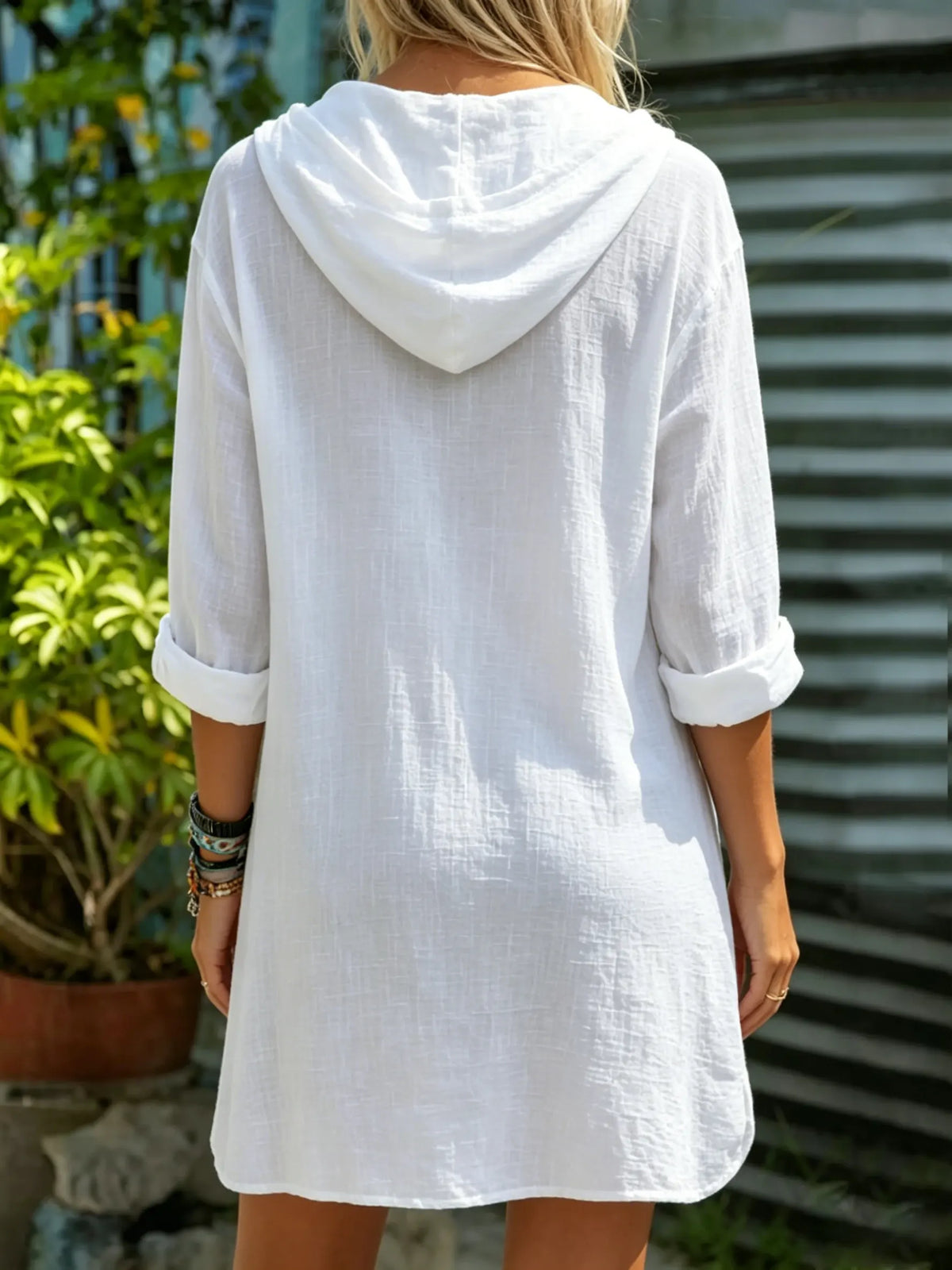 Women's Solid Color Lace V-Neck Hooded Beach Cover-Up