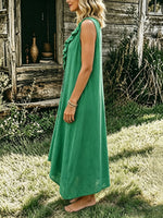 Women's Boho Ruffle V-Neck Sleeveless Maxi Dress – Button Front Asymmetrical Hem Linen Blend Dress with Pockets