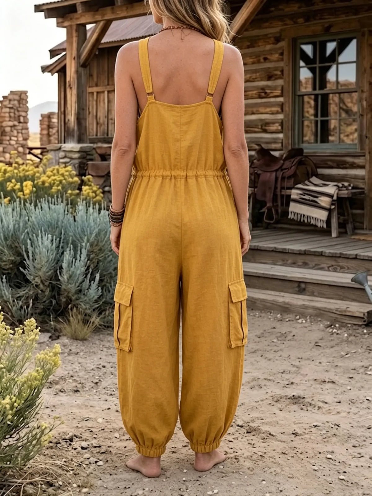 Geometric Print Cargo Pocket Drawstring Jumpsuit