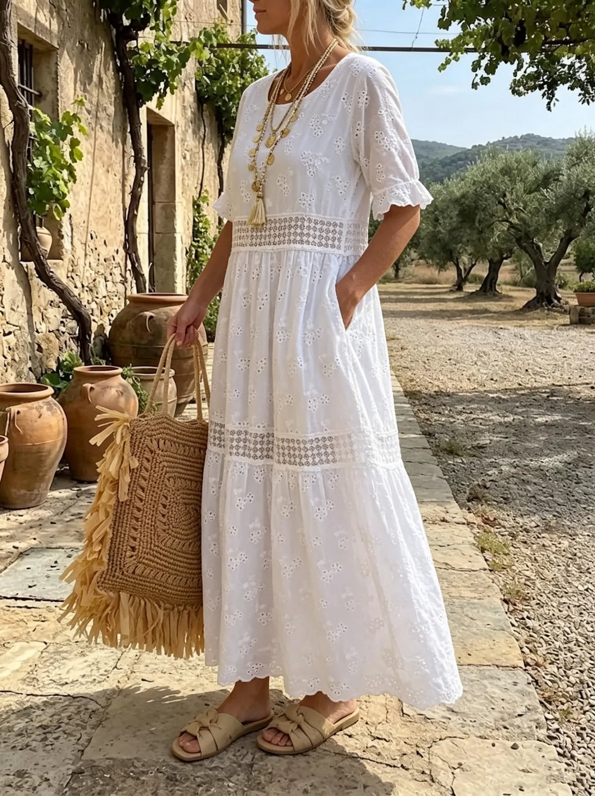 Vintage Eyelet Floral Tiered White Dress