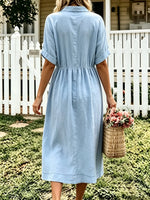 Women's Solid Front Pleated Collar Button Down Roll Sleeve Linen Midi Dress