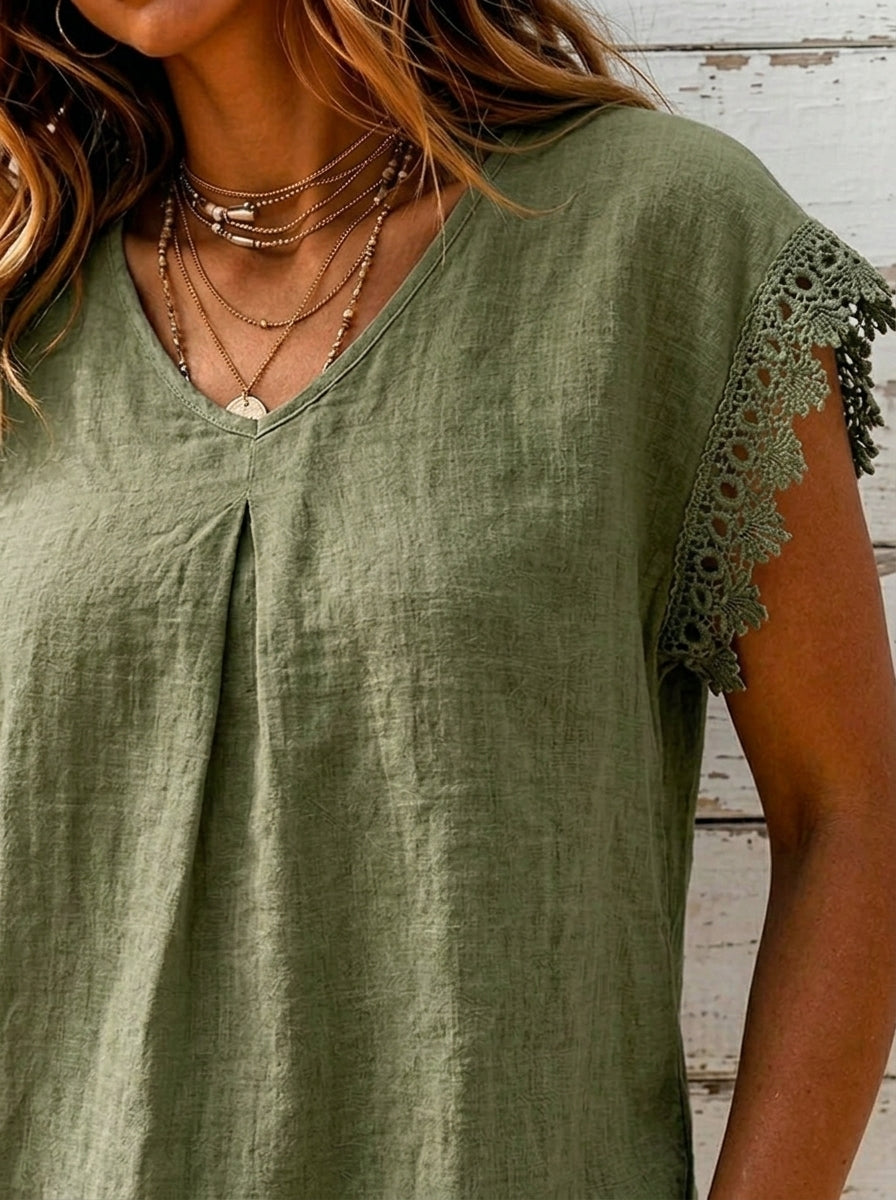 Women’s V Neck Lace Cap Sleeve Pleated Linen Blend Blouse