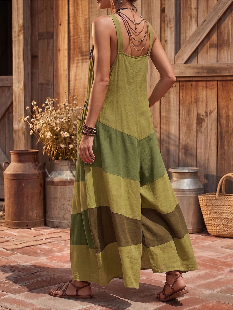 Vintage Art Comfortable Summer Fabrics Sleeveless Patchwork Cotton Linen Pattern Print Jumpsuit