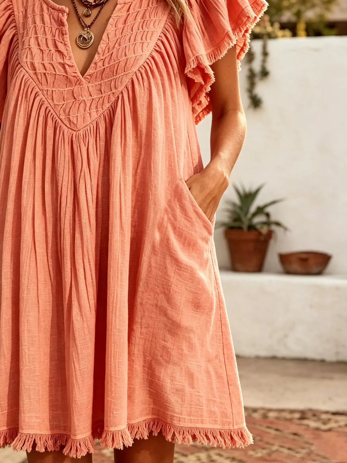 Women Solid Textured V Neck Flutter Sleeve Fringe Hem Mini Vacation Dress