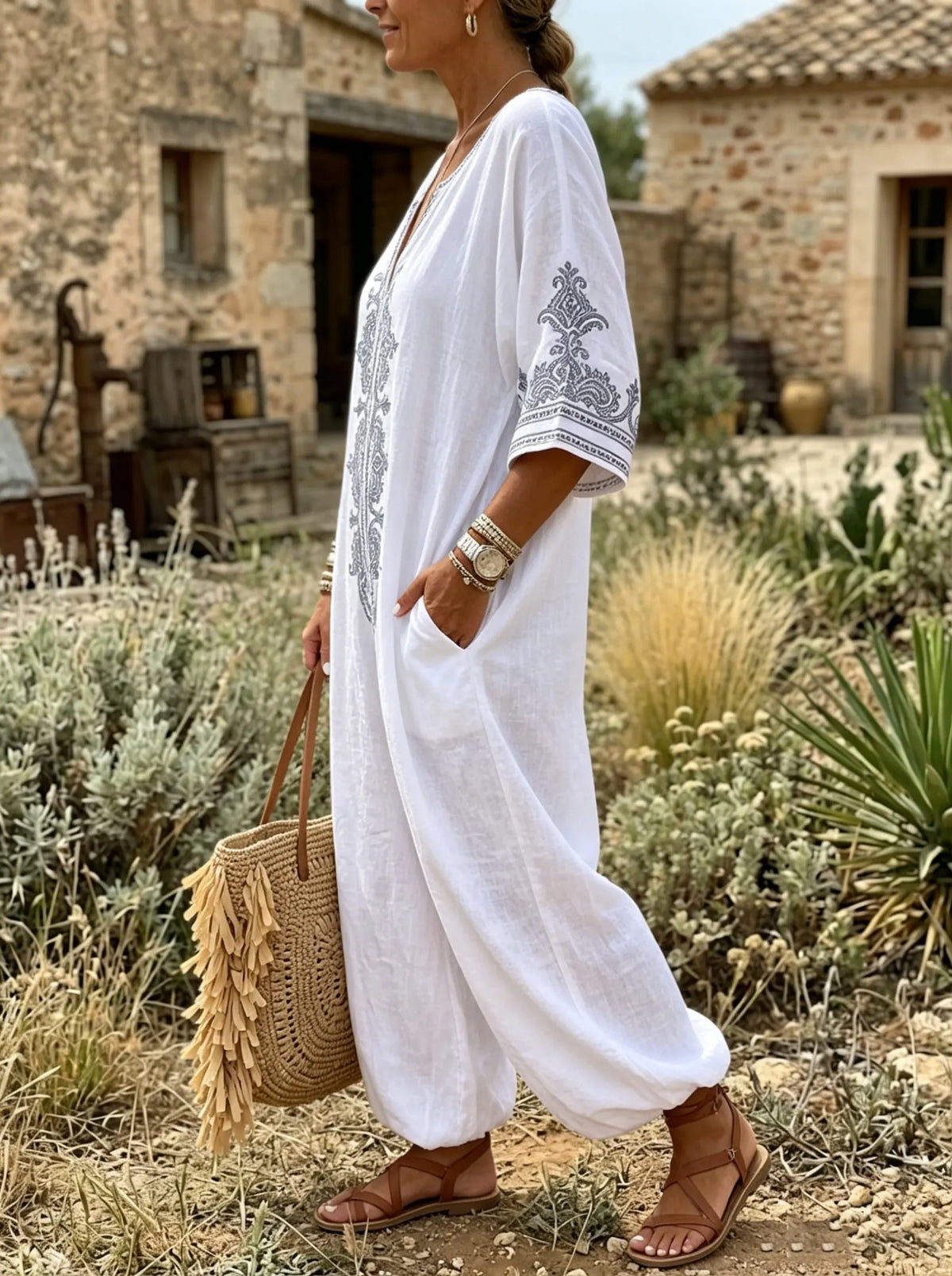 Boho Linen V Neck 3/4 Sleeve Pocket Jumpsuit