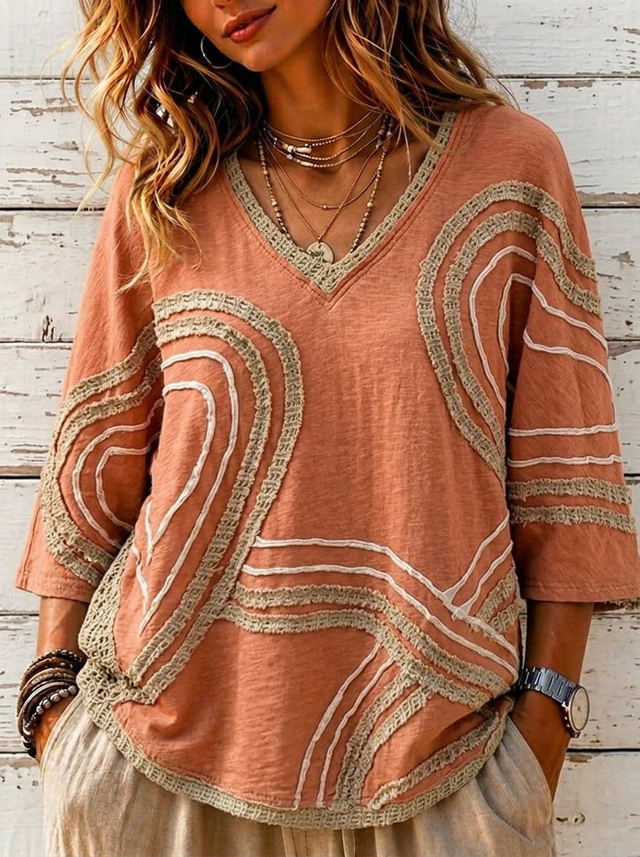 Women’s Rust Color V-Neck Fringe Embroidery 3/4 Sleeve Boho Blouse