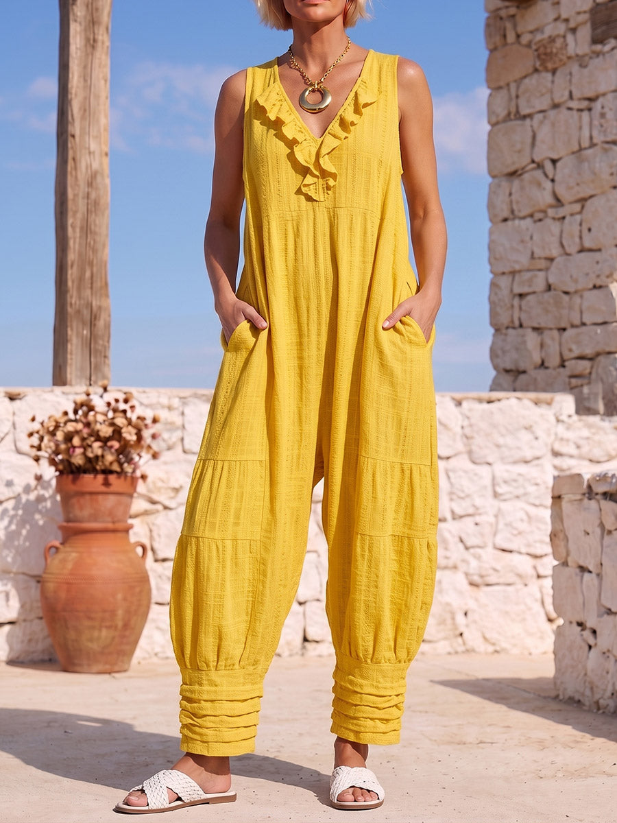 Vintage Art Comfortable Summer Fabrics Sleeveless Patchwork Soft Denim Jumpsuit