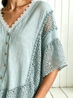 Women Solid Eyelet Lace Panel V Neck Loose Shirt