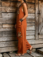 Women's Boho Floral Embroidered Jumpsuit – Sleeveless V-Neck Cotton Linen Romper with Pockets