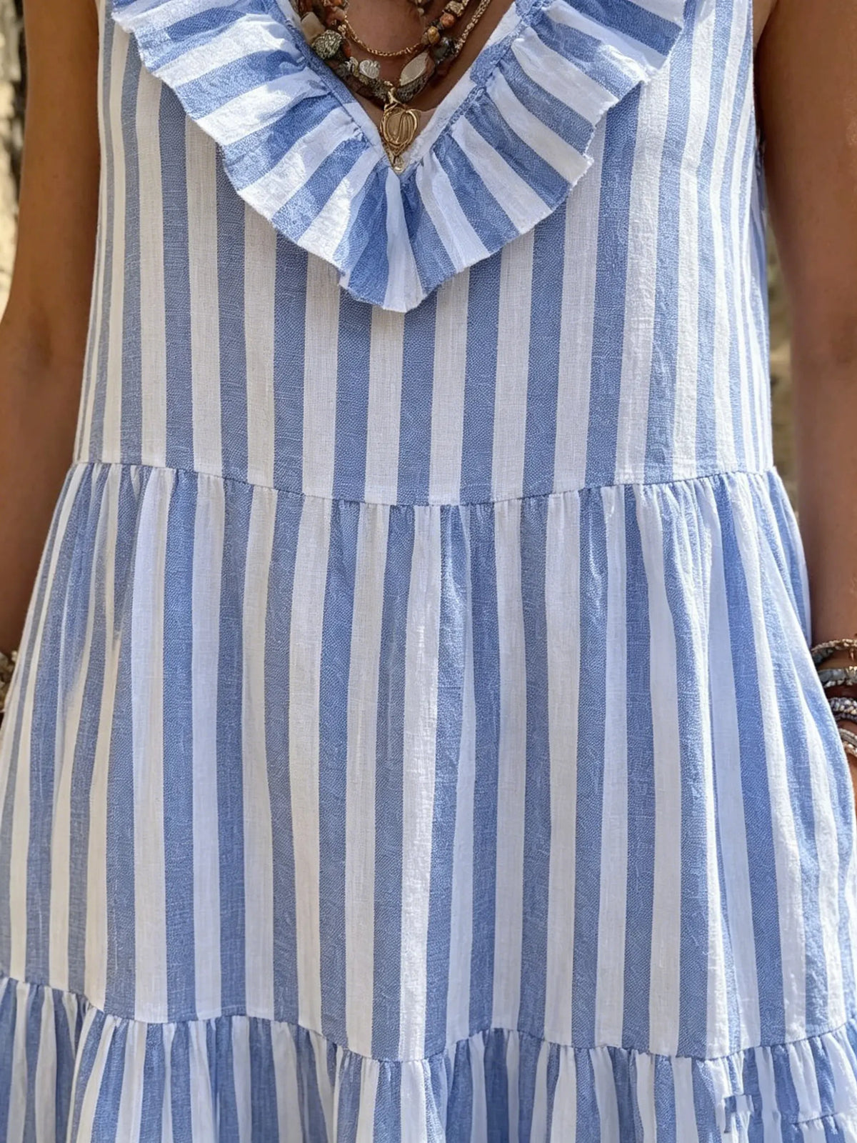Women's Blue and White Striped Ruffled Layered Dress