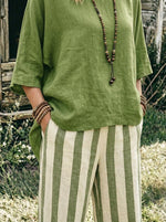 Womens Solid Cotton Linen Blouse & Vertical Stripe Wide Leg Pants 2 Piece Outfit Set