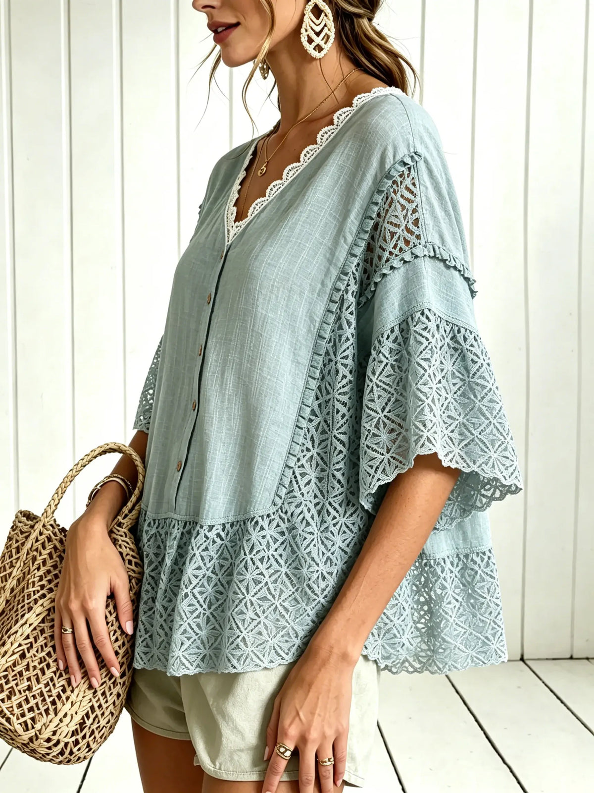 Women Solid Eyelet Lace Panel V Neck Loose Shirt