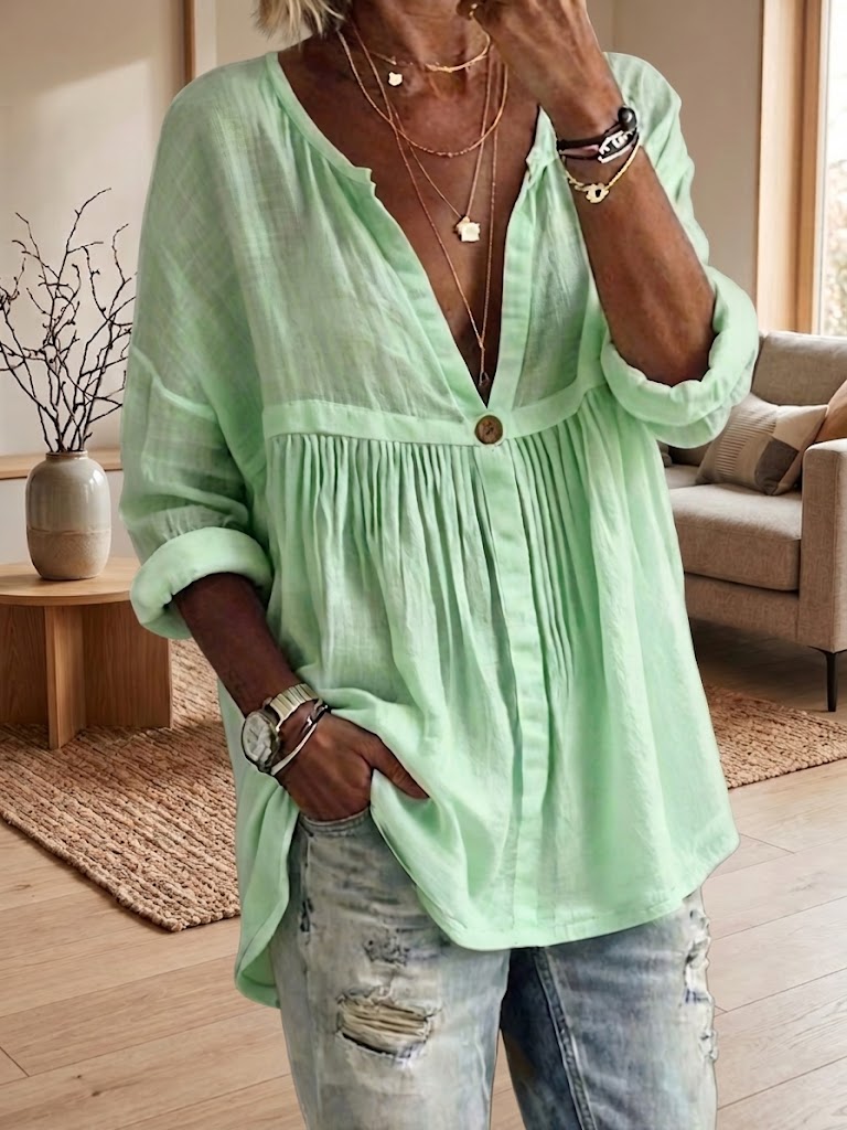 Women's Casual Loose Solid-color Long-sleeve Button-front Pullover Shirt