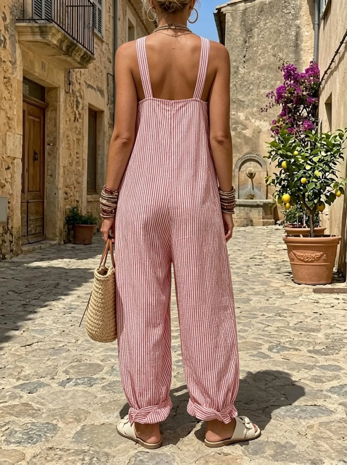 Vintage Red White Stripe Spaghetti Strap Pocket Jogger Jumpsuit