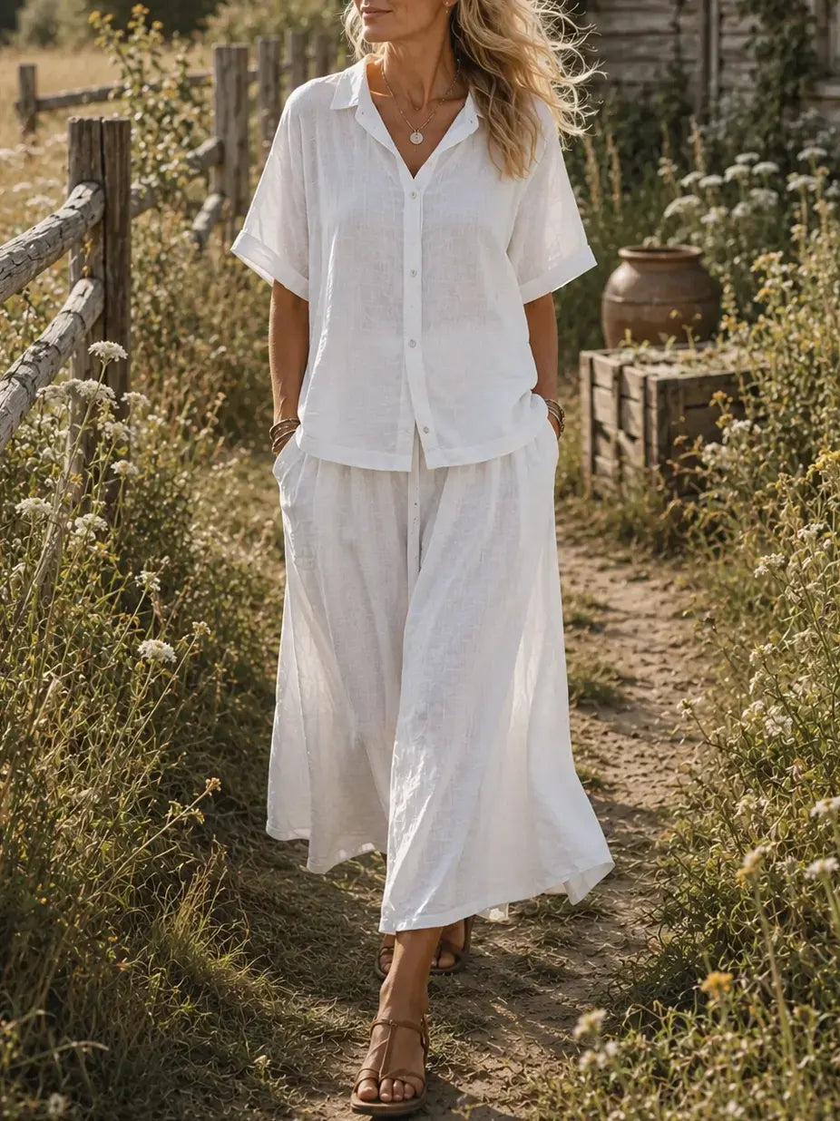 Women's Solid Textured Collar Short Sleeve Shirt & Wide Leg Maxi Skirt 2 Piece Set