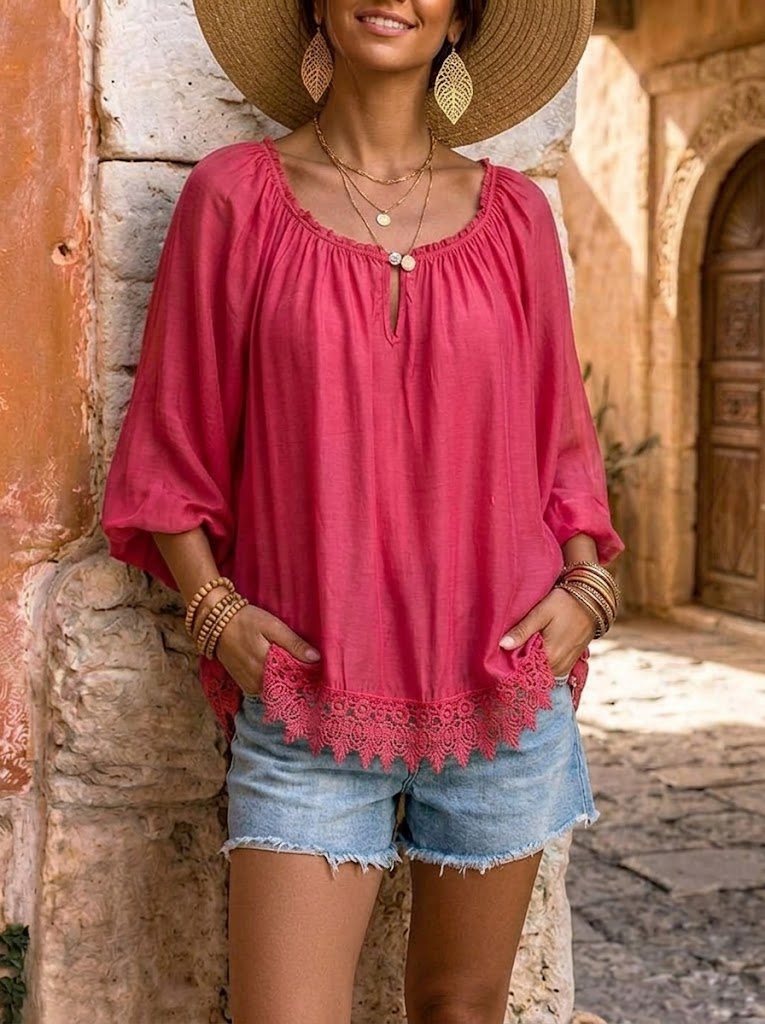 Women's Lace-Hem Peasant Top