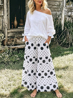 Womens Cotton Linen Off Shoulder Ruffle Sleeve Top Polka Dot Wide Leg Pants Two Piece Se