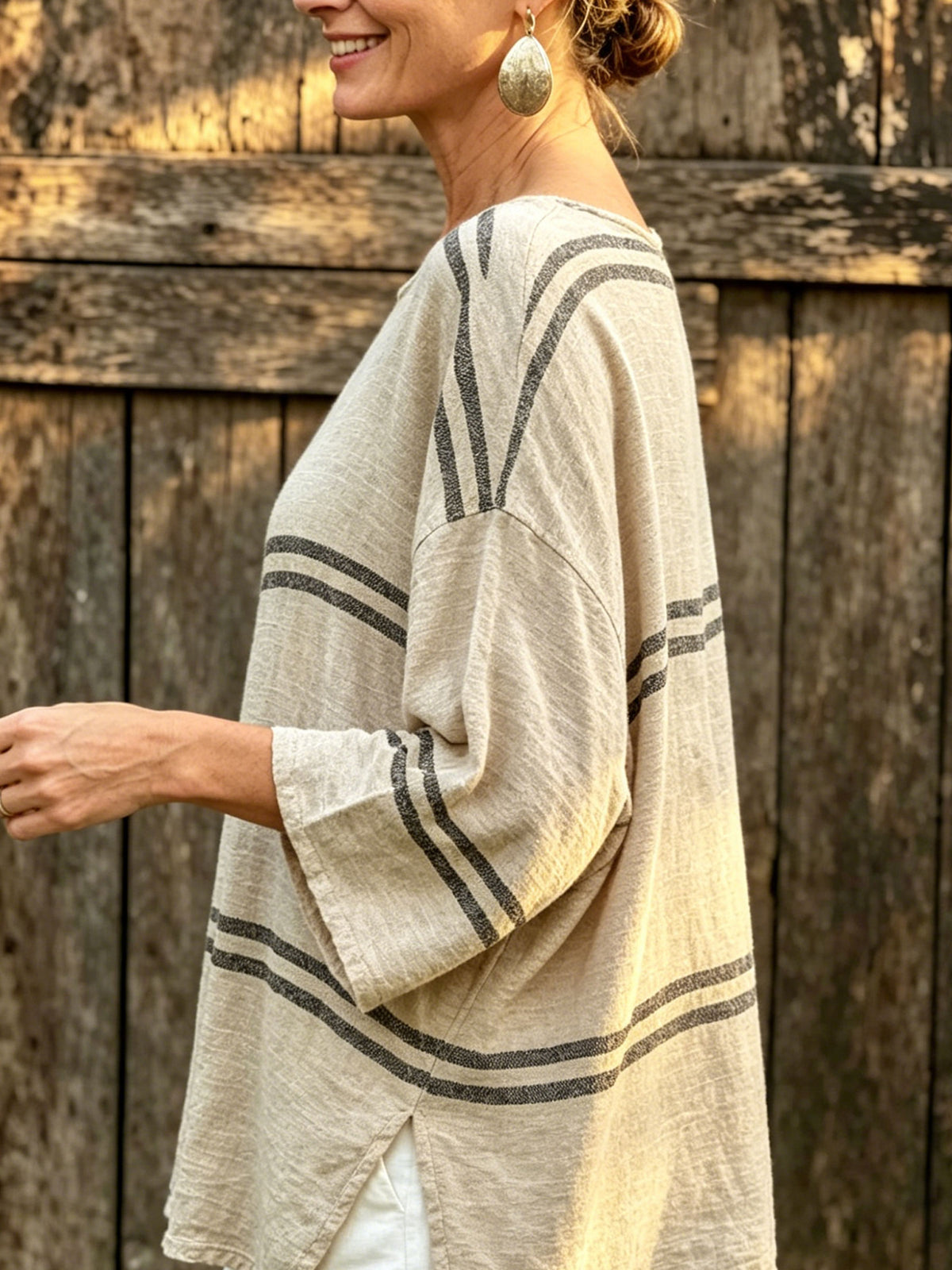 Women’s Striped Linen Boat Neck Blouse, Loose 3/4 Sleeve Casual Oversized Top