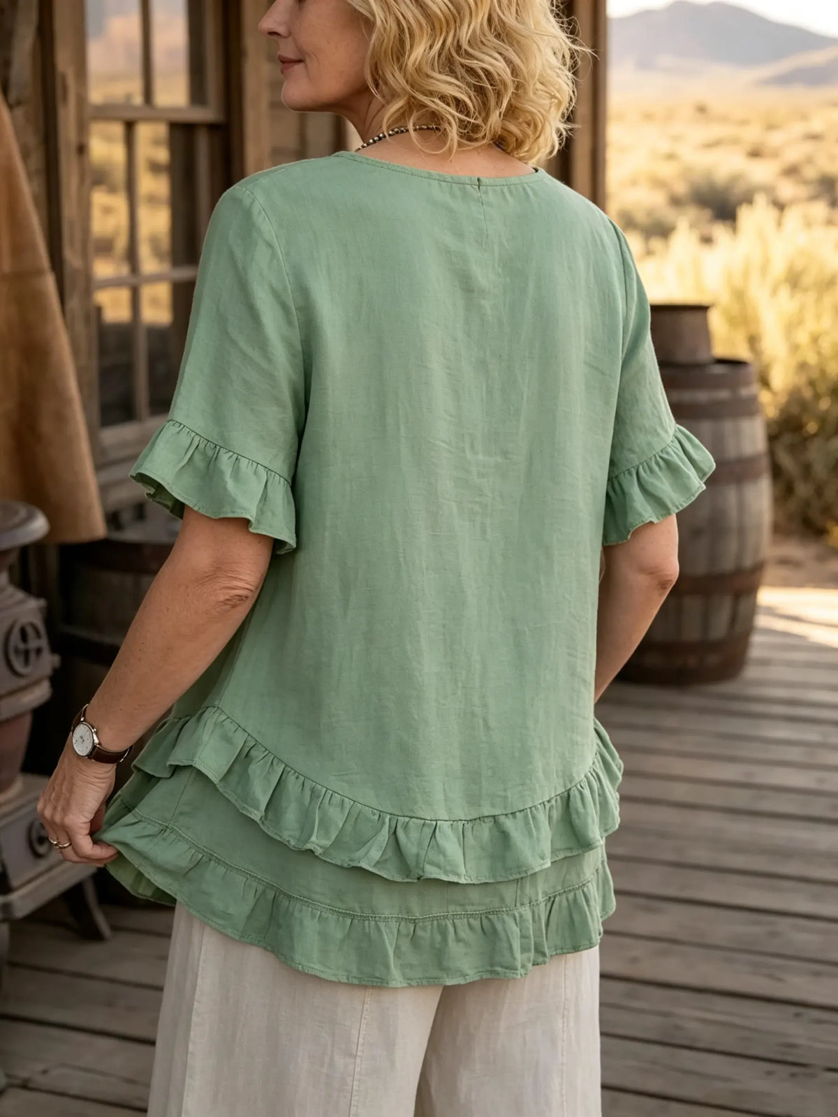 Women's Solid Linen Blend Ruffle Hem Short Sleeve Casual Blouse