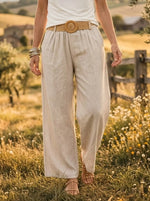 Women's Solid Linen-Blend Elastic Waist Wide Leg Trousers