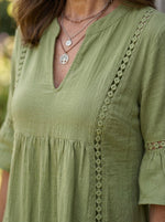 Women’s Eyelet Lace V-Neck Cotton Linen Babydoll Midi Dress