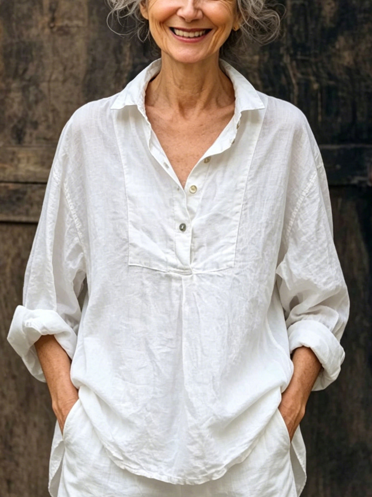 Women’s Half Button Collared Linen Blouse, Roll Up Long Sleeve Relaxed Pocket Shirt