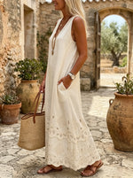 Bohemian Eyelet Sleeveless V Neck Linen Maxi Dress