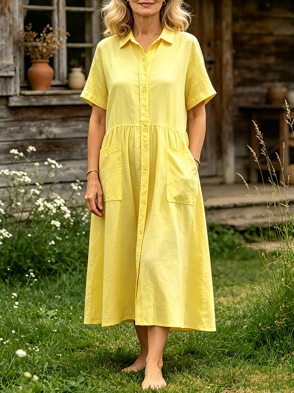 Women's Solid Collar Full Button Dual Pocket Short Sleeve Linen Midi Dress