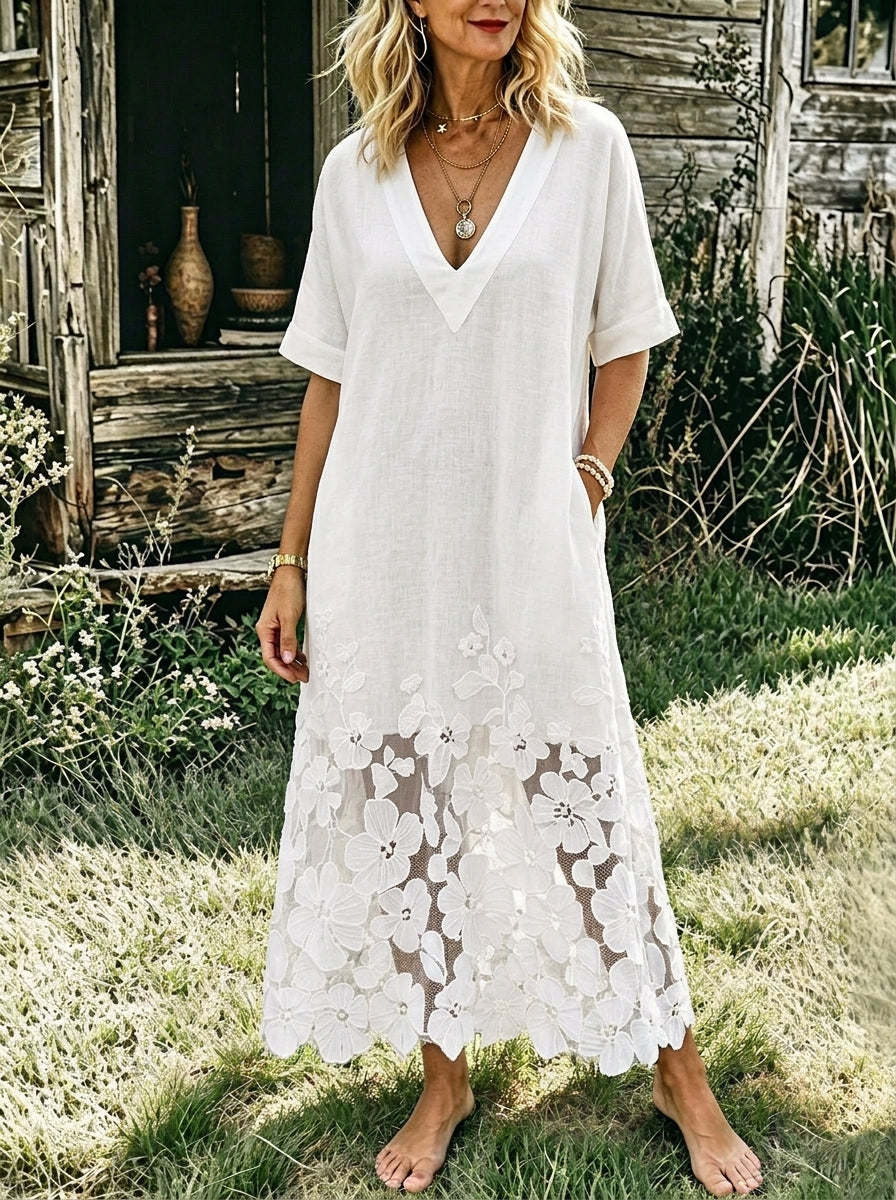 Women's White V Neck Floral Lace Patchwork Linen Midi Dress, Short Sleeve Loose Casual Dress with Pockets