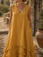 Women's Solid Textured V-Neck Multi Ruffle Hem Sleeveless Beach Maxi Dress