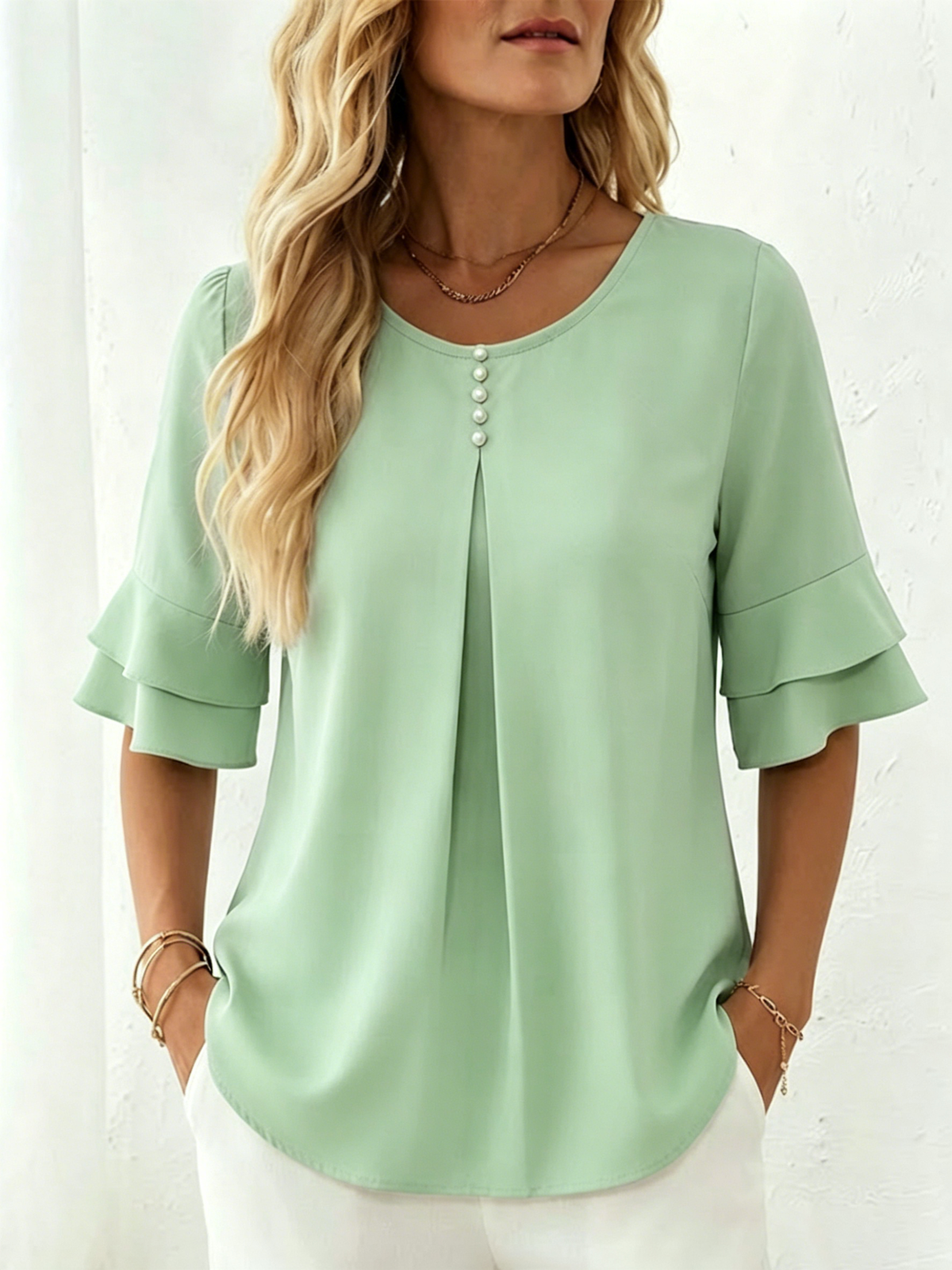 Loose-fit, Slimming Short-sleeved Shirt With Double-layer Ruffles