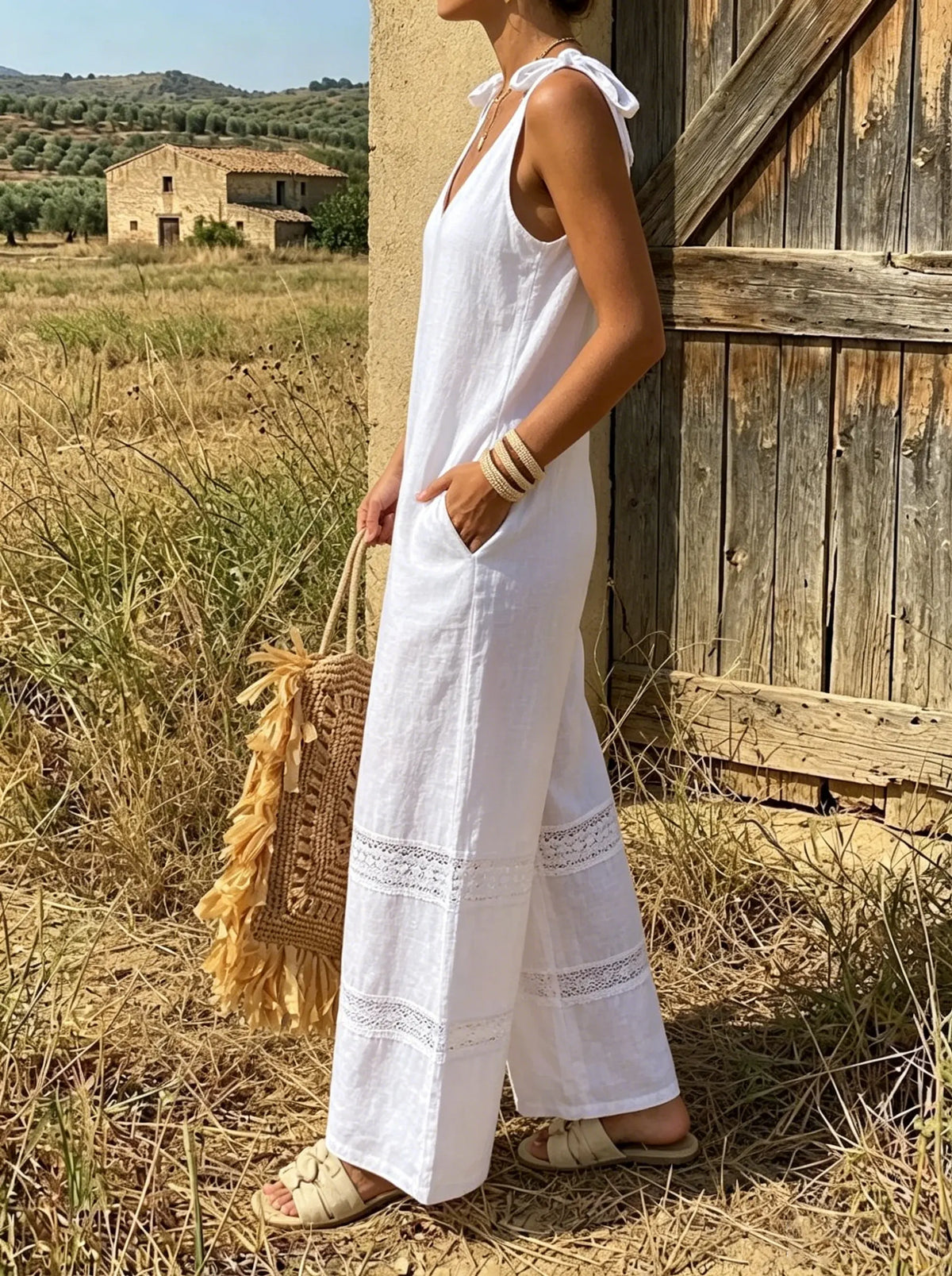 Ivory Crochet-Trim Wide Leg Jumpsuit