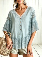 Women Solid Eyelet Lace Panel V Neck Loose Shirt