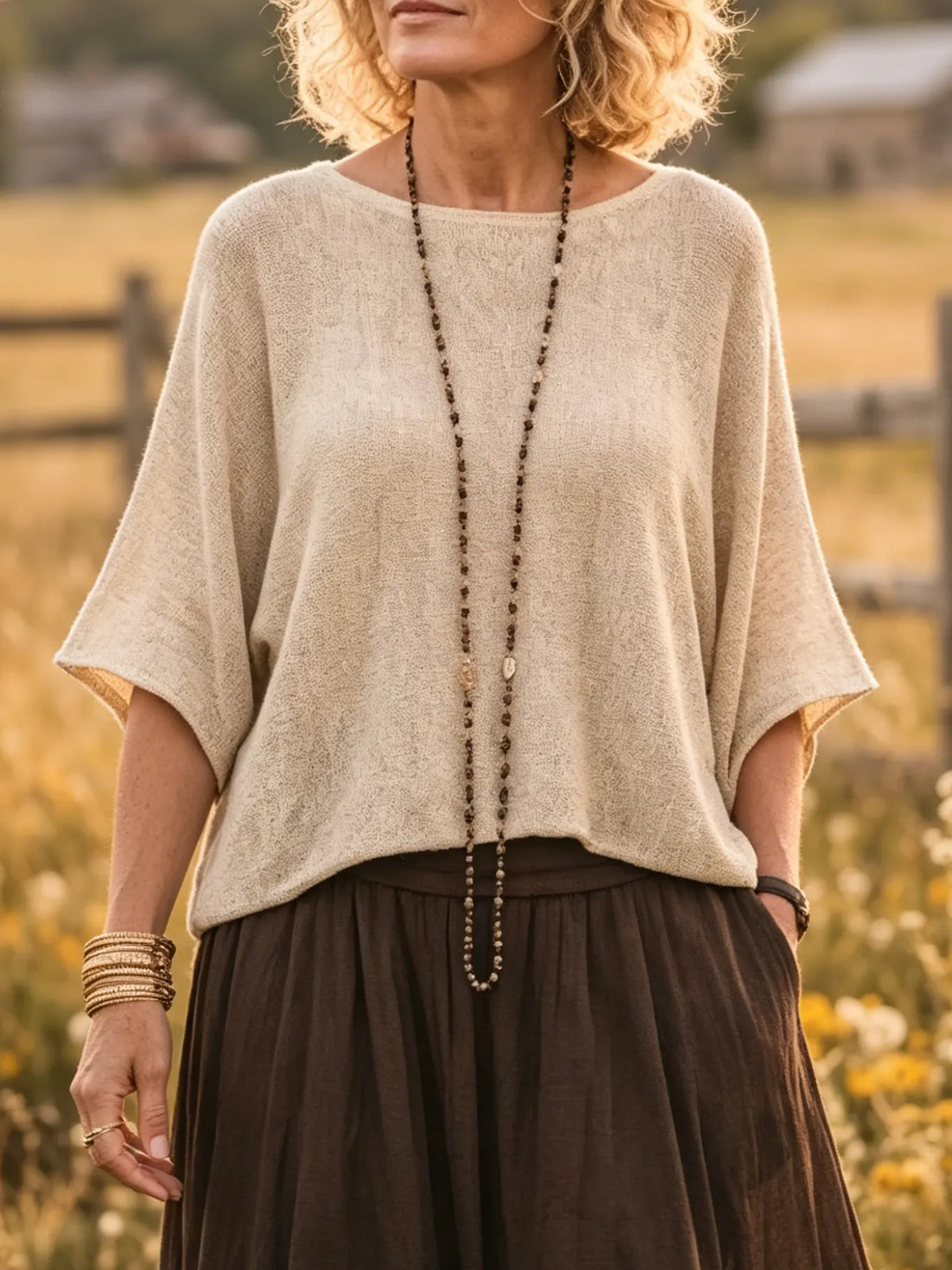 Women's Solid Dolman Sleeve Loose Knit Cotton Blouse
