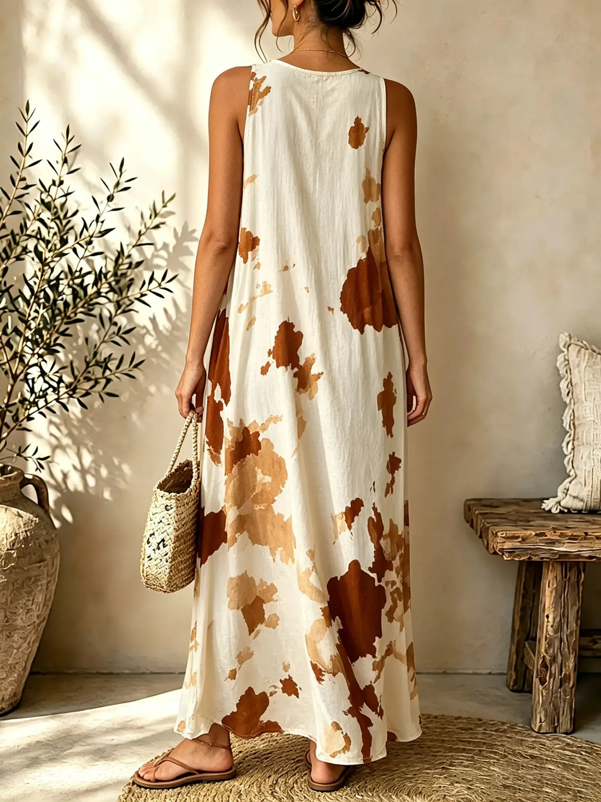 Women Ink Wash Tie Dye V-Neck Sleeveless Flowy Maxi Dress