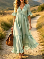 Women Small Polka Dot Print V Neck Ruffle 3/4 Sleeve Tiered Maxi Dress