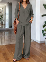 Women's Casual Long-sleeve V-neck Pullover & Pants Set – Washed Cotton (available In Multiple Colors)
